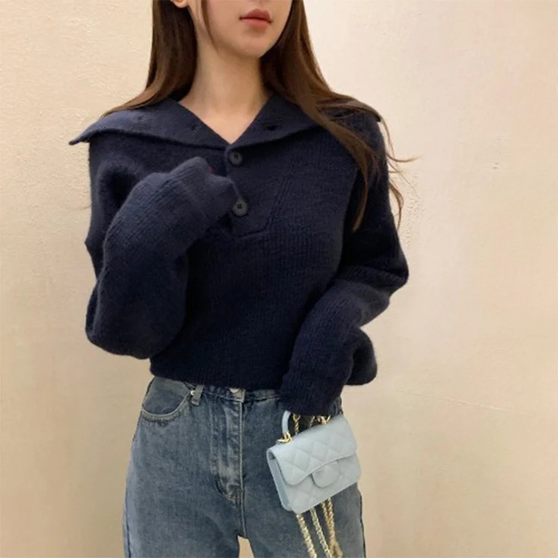 Fashion Turn Down Collar Knitted Sweaters Women Korean Buttons Loose Pullovers Autumn Winter Solid Color Streetwear Jumper Tops 250808