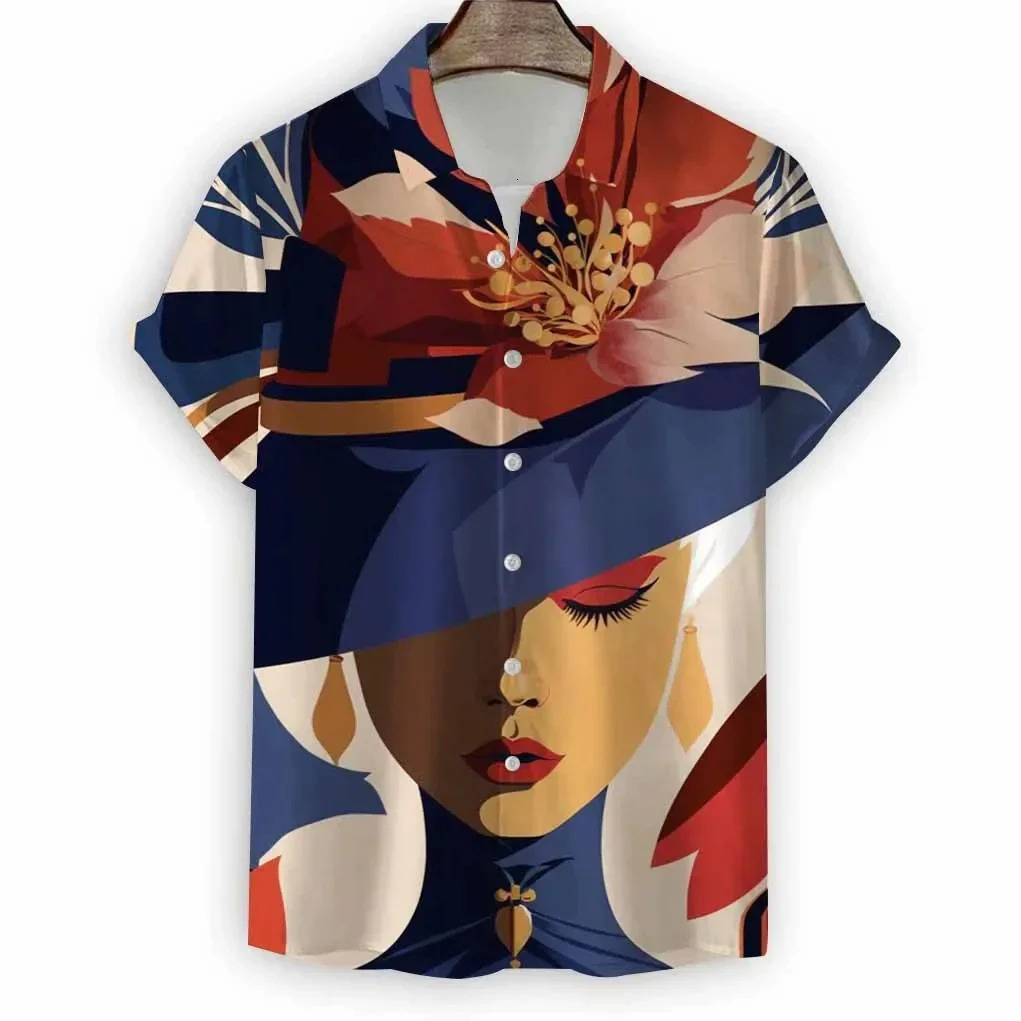2024 Beach Modern Girls Print Mens Shirt Casual Fashion Button Lapel Streetwear Oversized Short Sleeve 250804