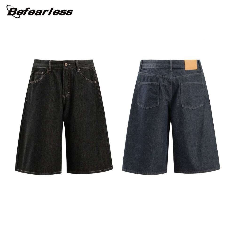American Style Genuine Leather Cropped Jeans Unisex Summer Trendy Loose Fit Casual Shorts B5