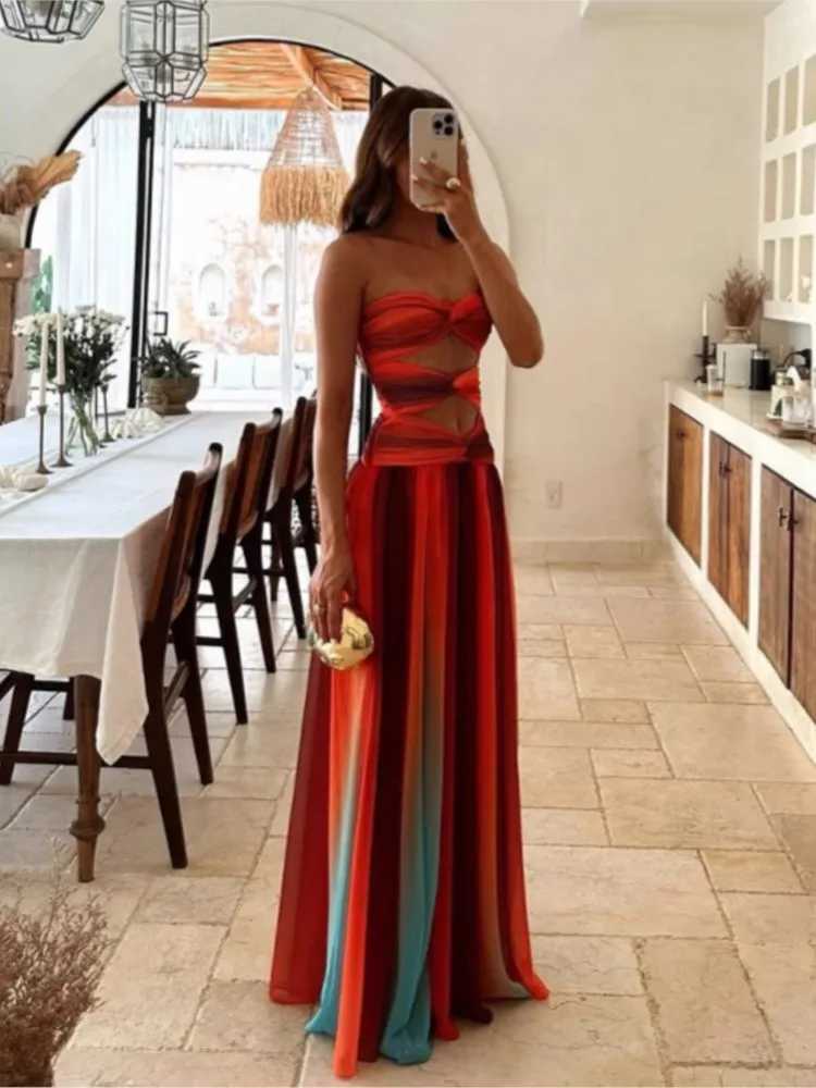 Womens Tie-dye Gradient Slim Fit Off Waist Long Dress Sexy Contrast Hollow Out Pleated Hem Chic Lady Party Holiday Wear XJ250814