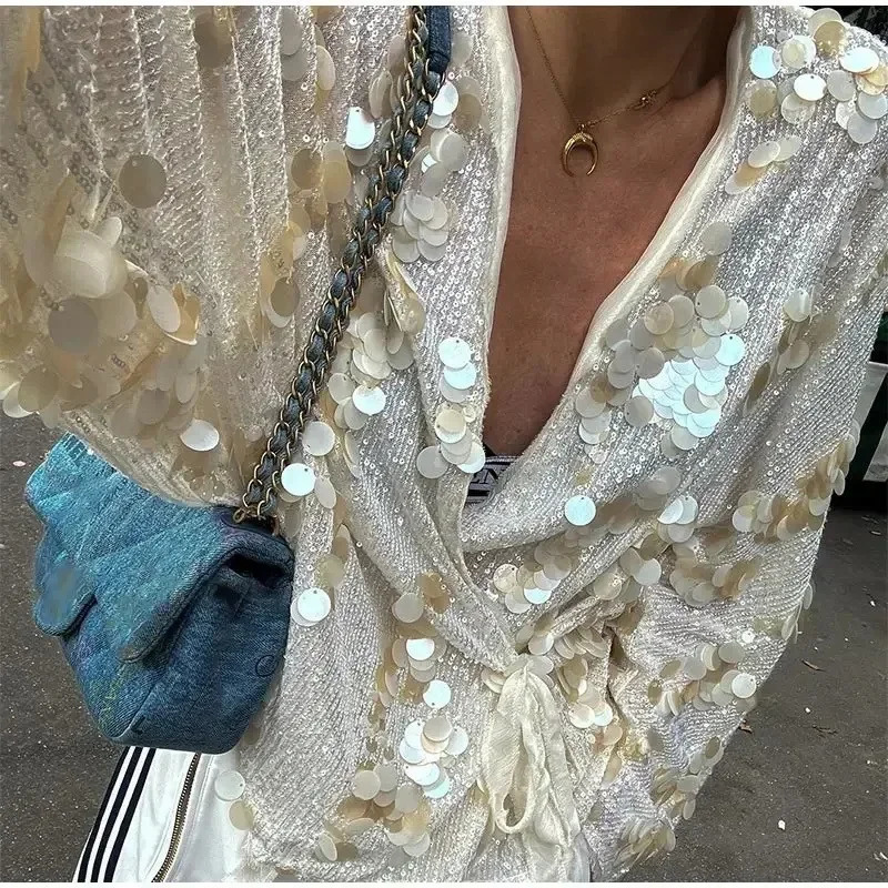 Womens Shiny Jacket Solid V-Neck Lace-up Sequined Long Sleeve Coat Streetwear Female Autumn Casual Top Jacket Outfits 250811