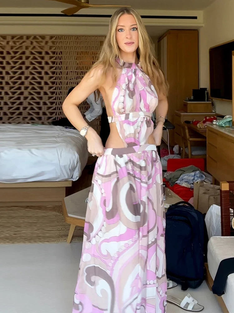 Irregular Printed Womens Long Dresses Sleeveless Backless Sexy Dress Halter Neck Top Beach Vacation Style Big Hem Lady Outsuits 250812