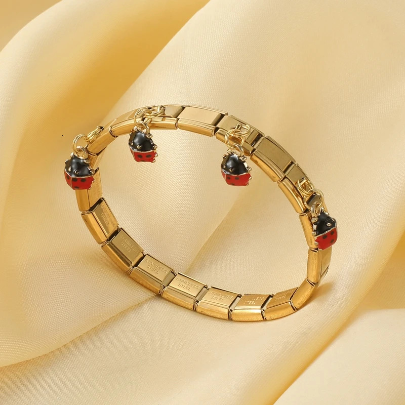 Y2K Golden Cherry Pendant Stainless Steel Elastic Italian Links Charm Bracelet 9mm Width Simple Bangle Women DIY Jewelry 250813