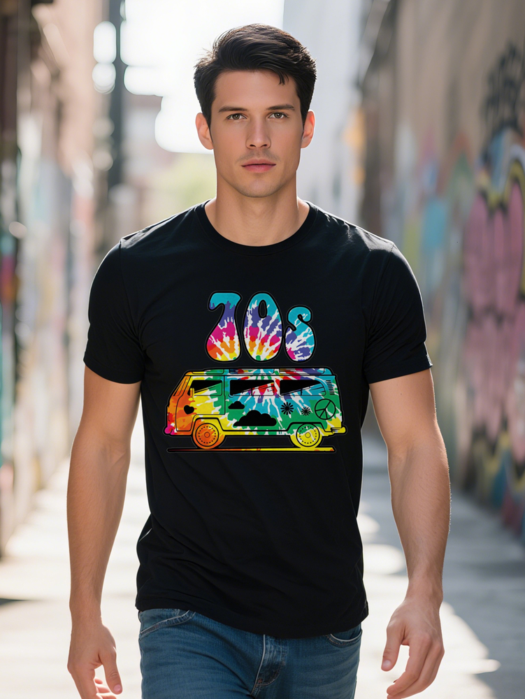 Men Casual Short Sleeve T Shirt with Retro s Van Tie Dye Graphic Print Black Round Neck Summer Top Regular Fit