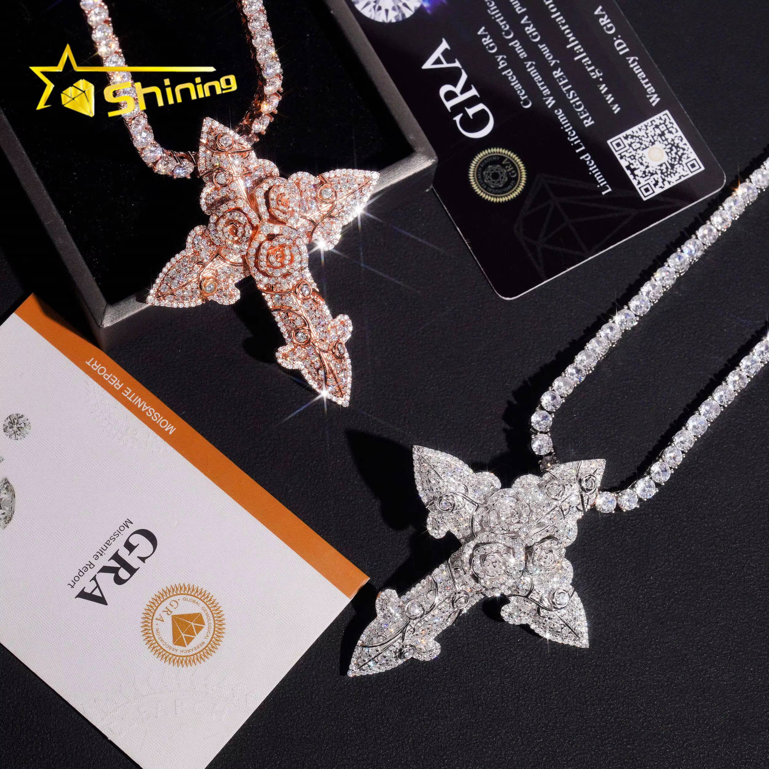 Hip Hop Rose Cross Moissanite Pendant 925 Sterling Silver Gold Plated Moissanite Pendant Iced Out Diamond Charm Pendant