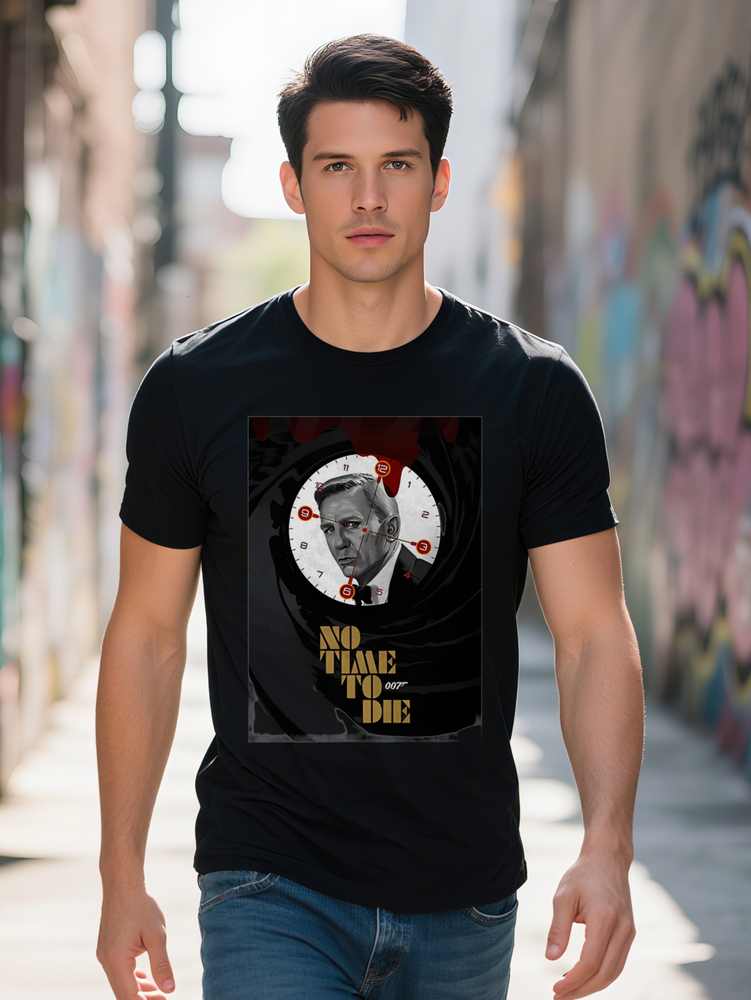 Men S Versatile Round T-Shirt with Clock Male Portrait Print Summer Tee Regular Fit Crew Neck Slight Stretch