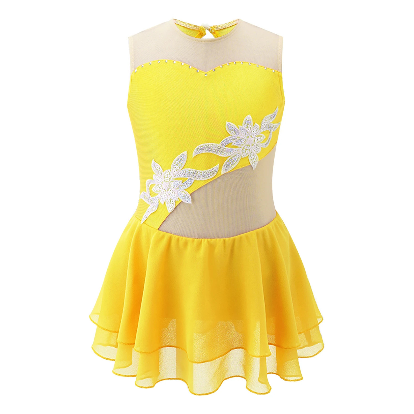Kids Girls Figure Skating Tutu Dress Ballet Gymnastics Leotard Sleeveless Shiny Floral Dancewear Ballroom Performance Costume 250812