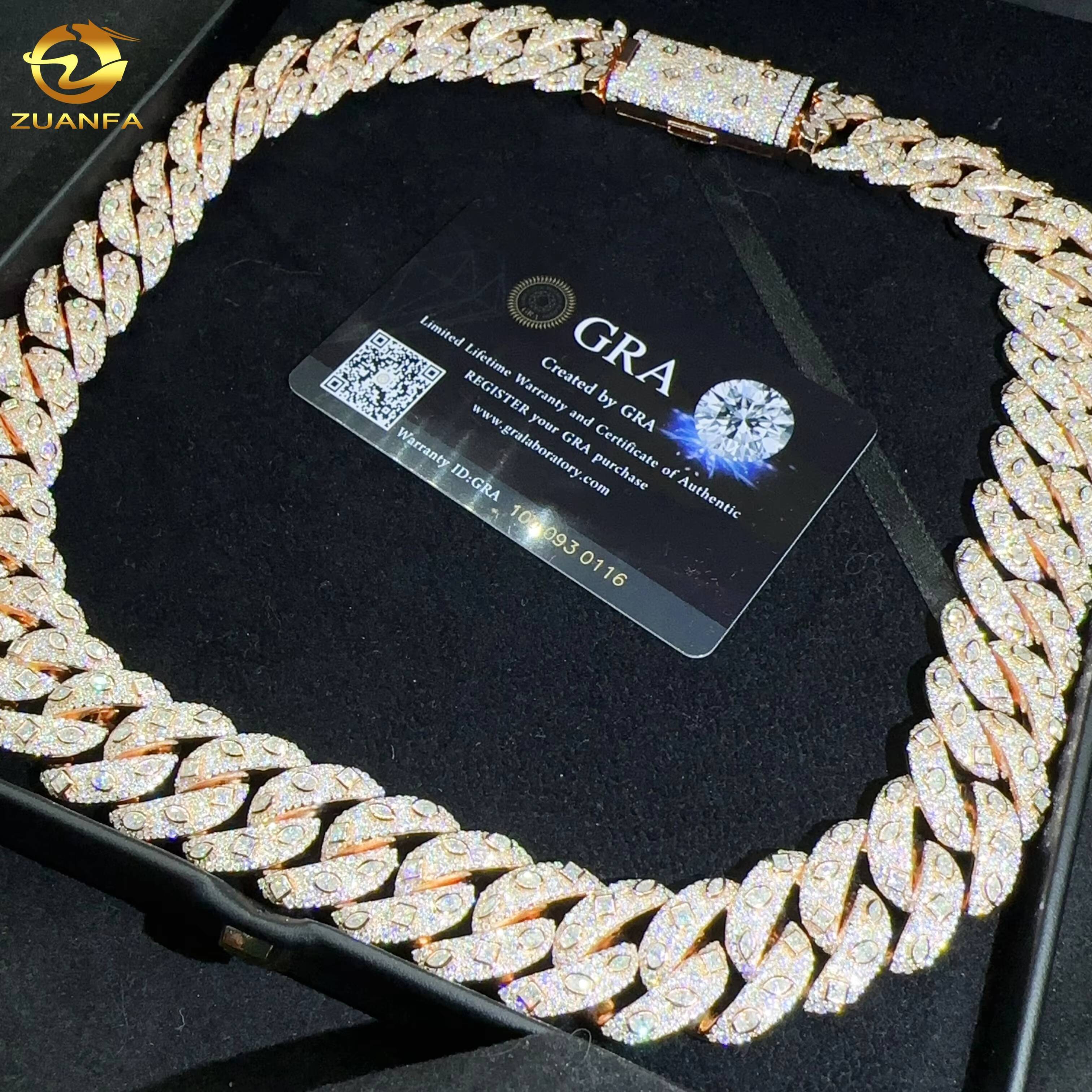 Hip Hop Jewelry Sterling Sier 20MM Necklace Iced Out VVS Moissanite Dia Miami Cuban Link Chain Gold Plated