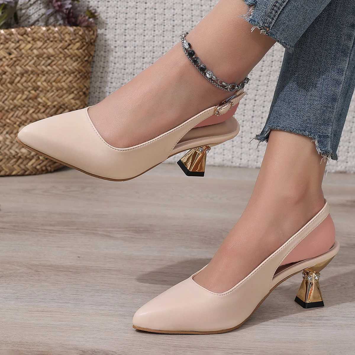 2025 Summer Womens Pu Leather High Heels Pumps Ankle Buckle Thick Heeled Sandals with Crystal Decor Pointed Toe Party Shoes W250814