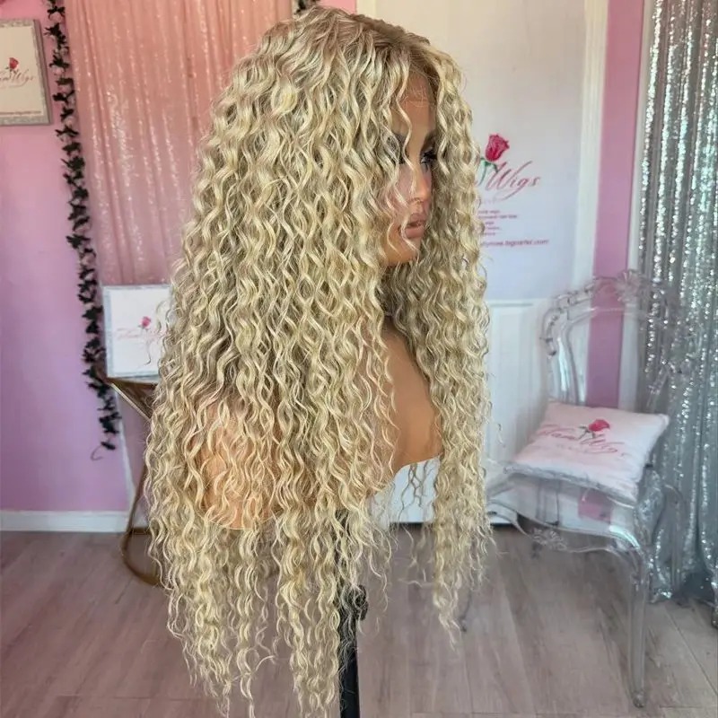 Ash Blonde Curly Wave Lace Front Wig Human Hair for Black Women 180% Density HD Transparent Deep Wave Lace Frontal Wigs Synthetic Ready To Wear