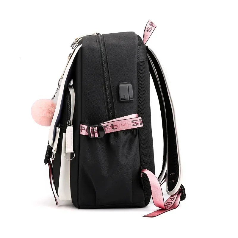 Large School Bags for Teenage Girls USB Port Canvas Schoolbag Student Book Bag Fashion Black Pink Teen School Backpack 250813