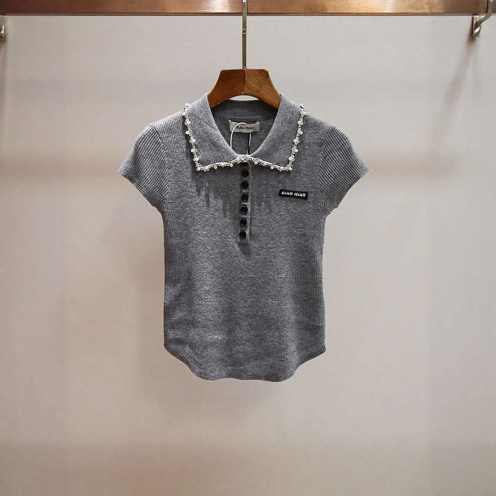 High-End Women's Summer New Age-Reducing Style Beaded Turn-Down Collar Curved Design Short-Sleeve Knitted Top For Women