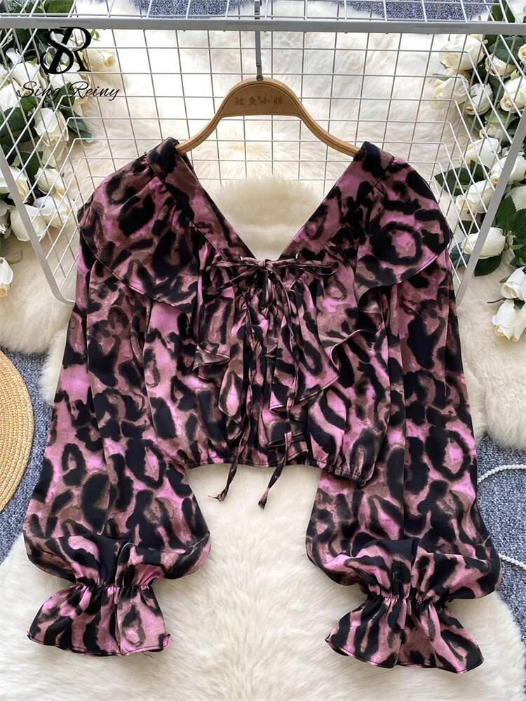 2025 Fashion Leopard print Chiffon Top for Women, V-neck Trumpet Sleeves, Unique Umbilical Top, Autumn French Retro Printed Mini Shirt, Designer Top
