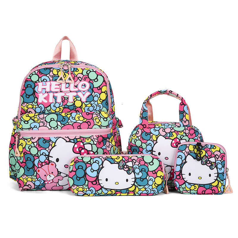 New Style Backpack Girls, Four-Piece Set, Kuromi Large Capacity, Suitable Elementary School Students in Grades Three to Six, Double Shoulder Bag for G