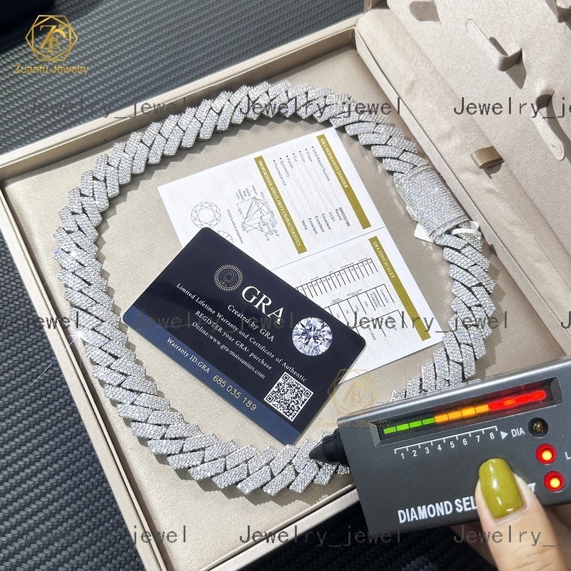 Pass Tester Easily Big Size Width 16mm18mm 20mm Cuban Chain 925S Gold Plated 3 Rows Lab Grown Moissanite Necklace Bracelet Chain