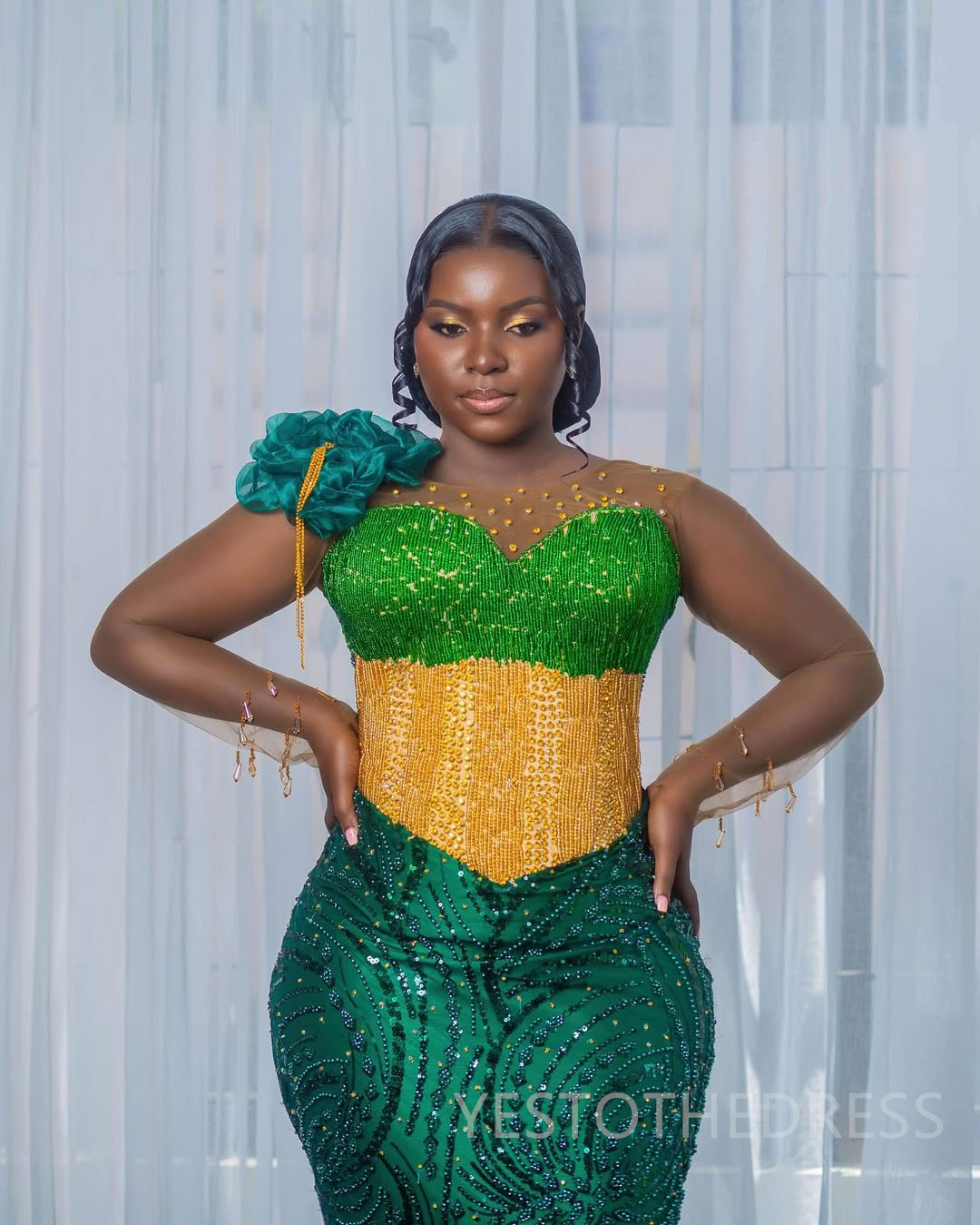 2025 Mermaid Plus Size Green Prom Dresses For Black Women Aso Ebi Illusion Sheer Neck Long Sleeves Appliqued Lace Beaded Birthday Dress Second Recepti