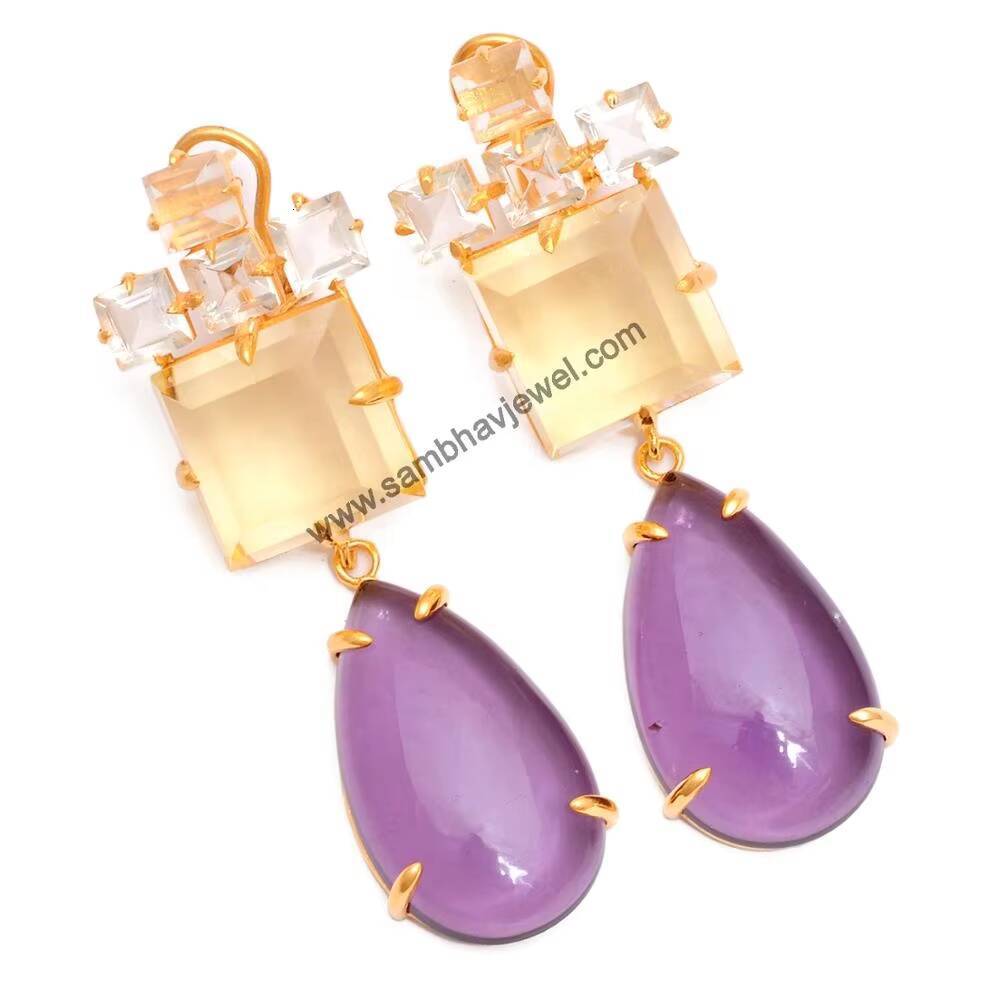 Jewelry Pure Sier Gold Plated Natural Amethyst Drop Pendant Fashion Earrings Price