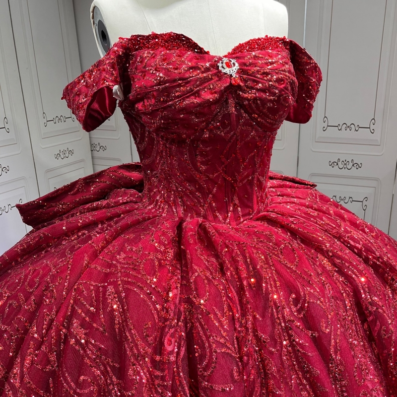 Red Shiny Quinceanera Dresses Off The Shoulder Sequin Applique Lace Beads Bow Tull Party Birthday Ball Gown Vestidos De 15 Anos Sweet 16 Dress