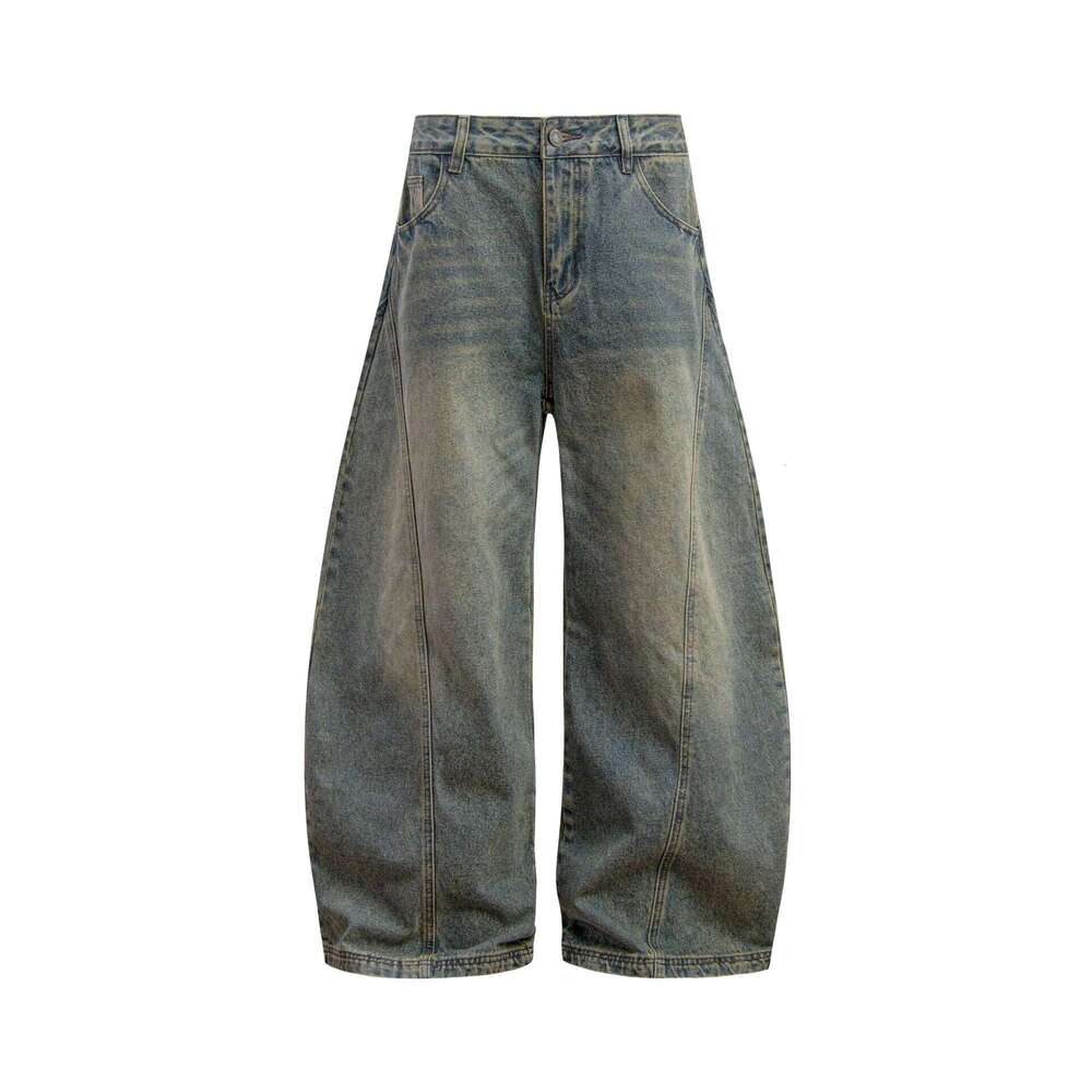American Style Washed Vintage Scimitar Jeans For Men, Trendy Loose Wide-Leg Design Long Pants, Scythe Pants B5