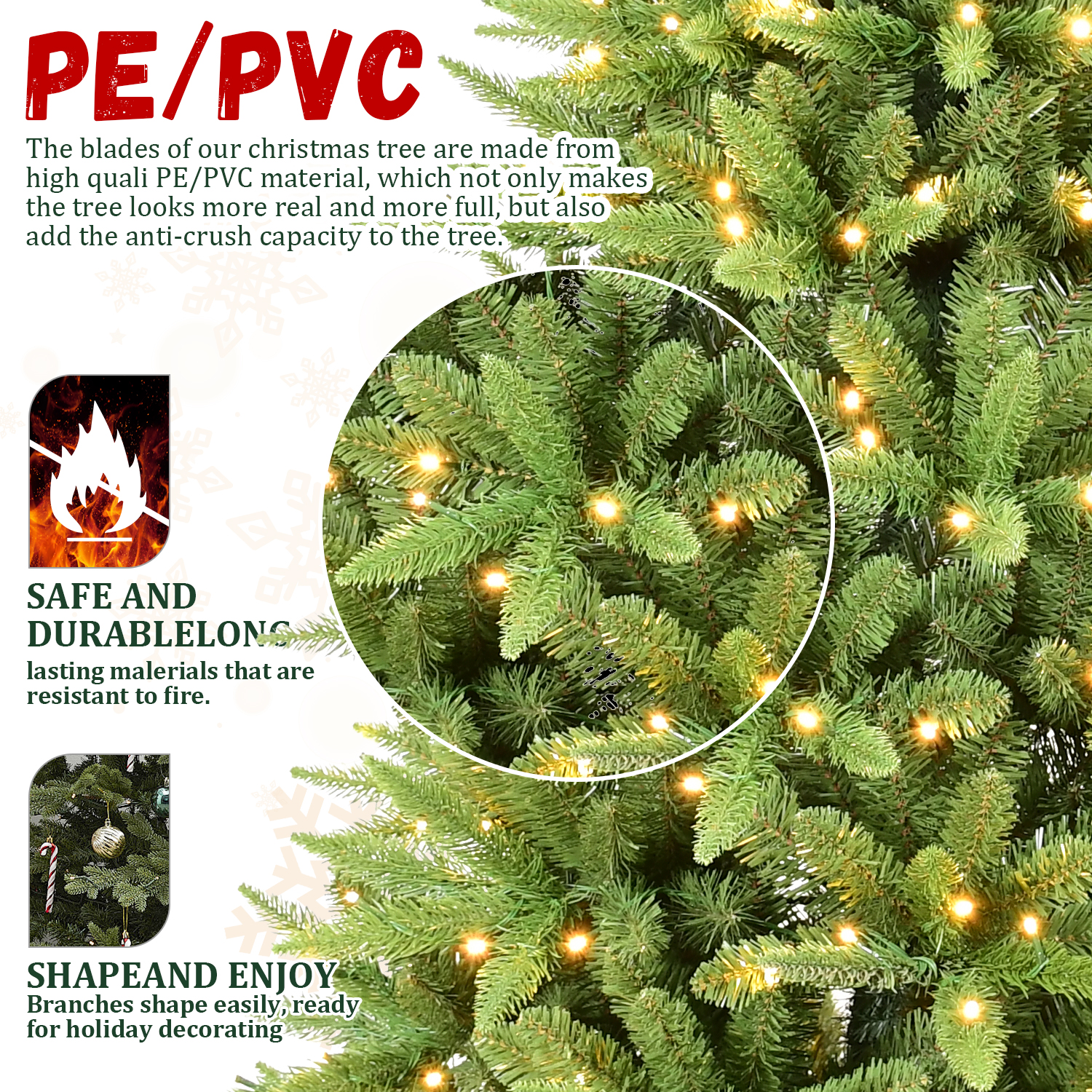 PE/PVC Artificial Christmas Tree Pre-lit with Warm White LEDs and Stable Metal Base