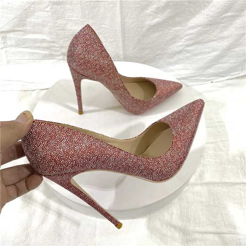 12CM Pointed Thin Heels Wedding Shoes with Sequins for Women Soft Leather Shallow Mouth Single Shoes W250814