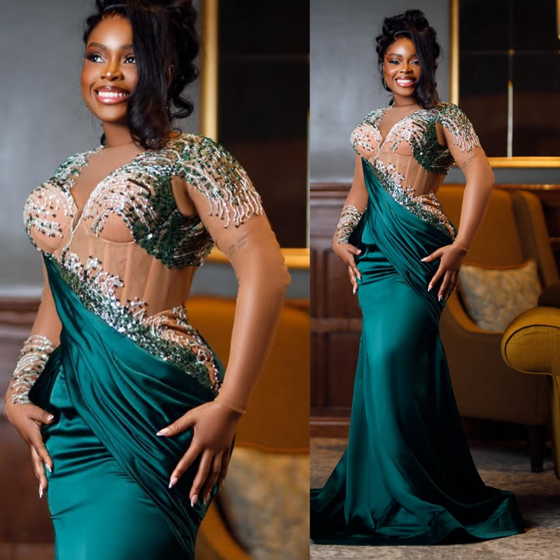 2025 Mermaid Hunter Prom Dresses For Black Women Aso Ebi Illusion Sheer Neck Long Sleeves Appliqued Lace Beaded Birthday Dress Second Reception Gown A