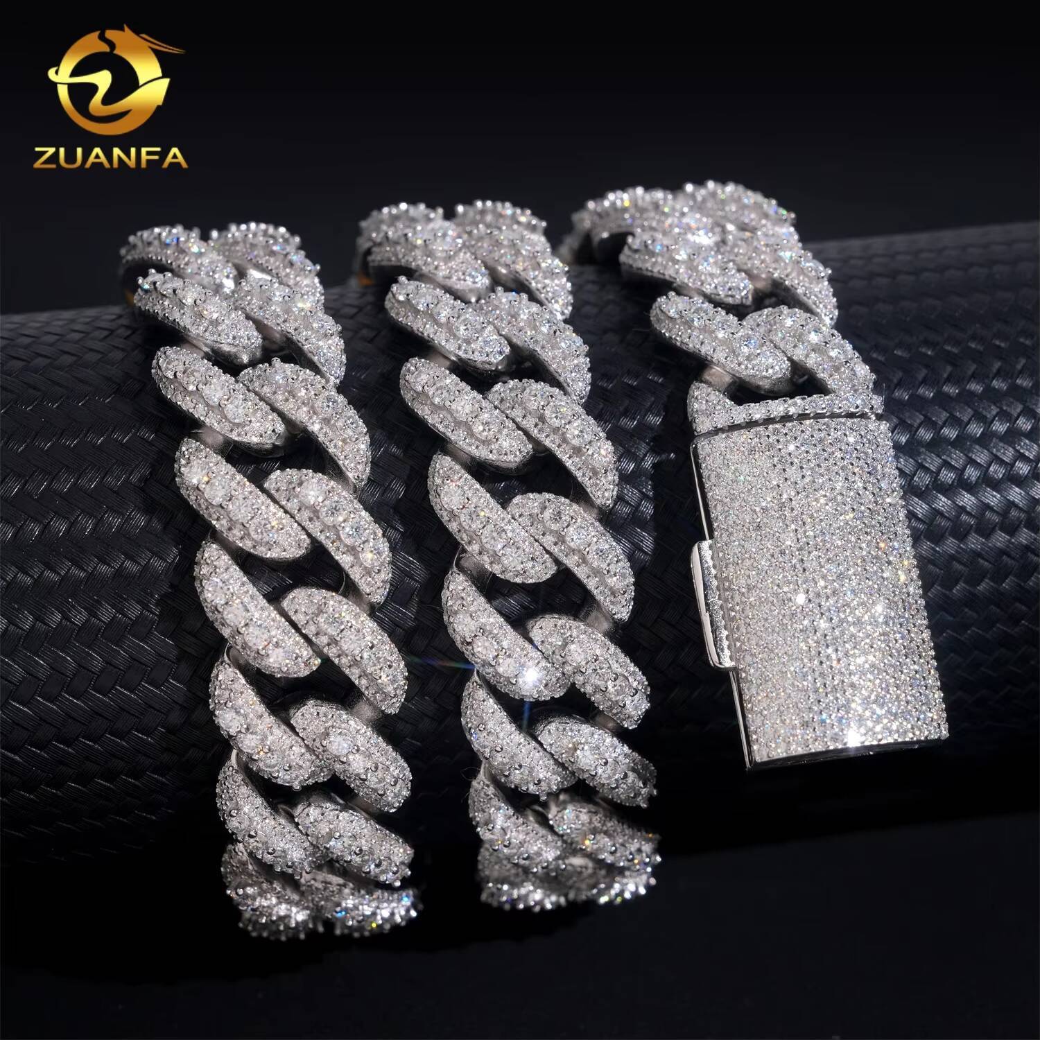 Iced Out Jewelry Hip Hop 3 Rows 18mm Width 925 Sterling Silver VVS Moissanite Diamond Miami Cuban Link Chain