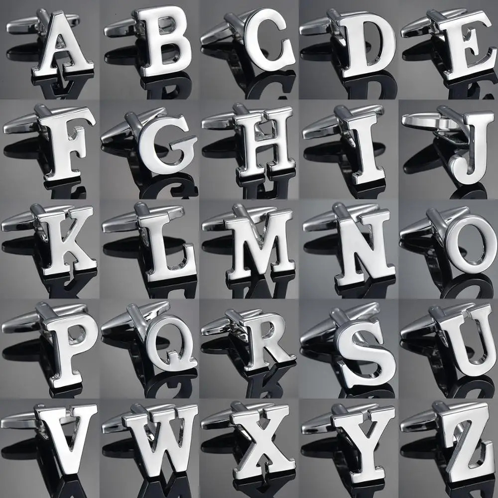 Simple Silver Color 26 Letter Cufflinks for men A to Z Alphabet Initial Cuff Links Business Suit Shirt Button Wedding Jewelry 250812