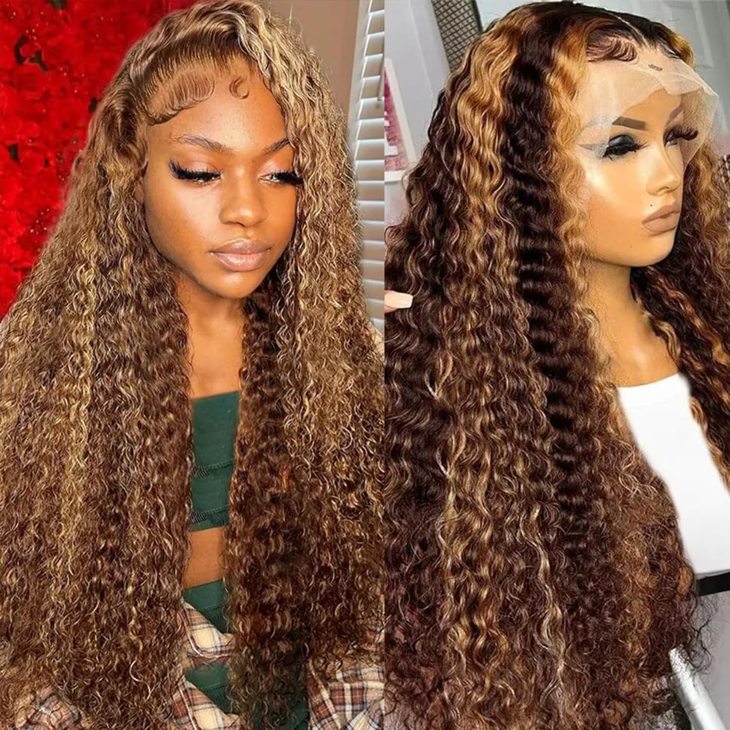 Deep Wave Lace Front Wigs Ombre Auburn Brown with Black Roots Glueless Wigs Pre-plucked Synthetic Water Wave Frontal Wig with Baby Hair