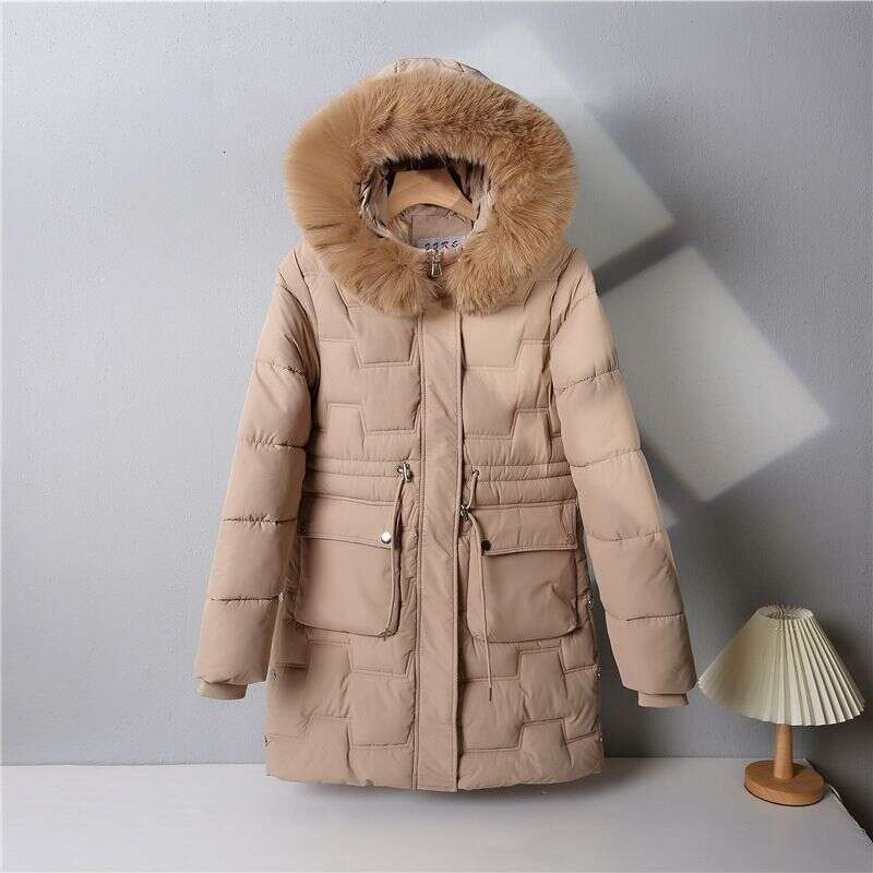 Autumn Winter Women Parkas Korean Fashion Solid Fur Collar Hooded Pockets Zipper Thicken Long Drawstring Down Coats Tops