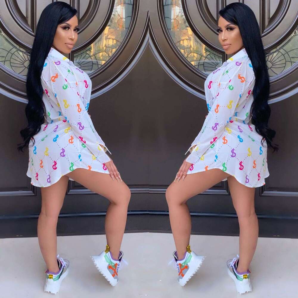 Women's Autumn Winter New Fashion Printed Turn-Down Collar Bodycon Shirt Dress