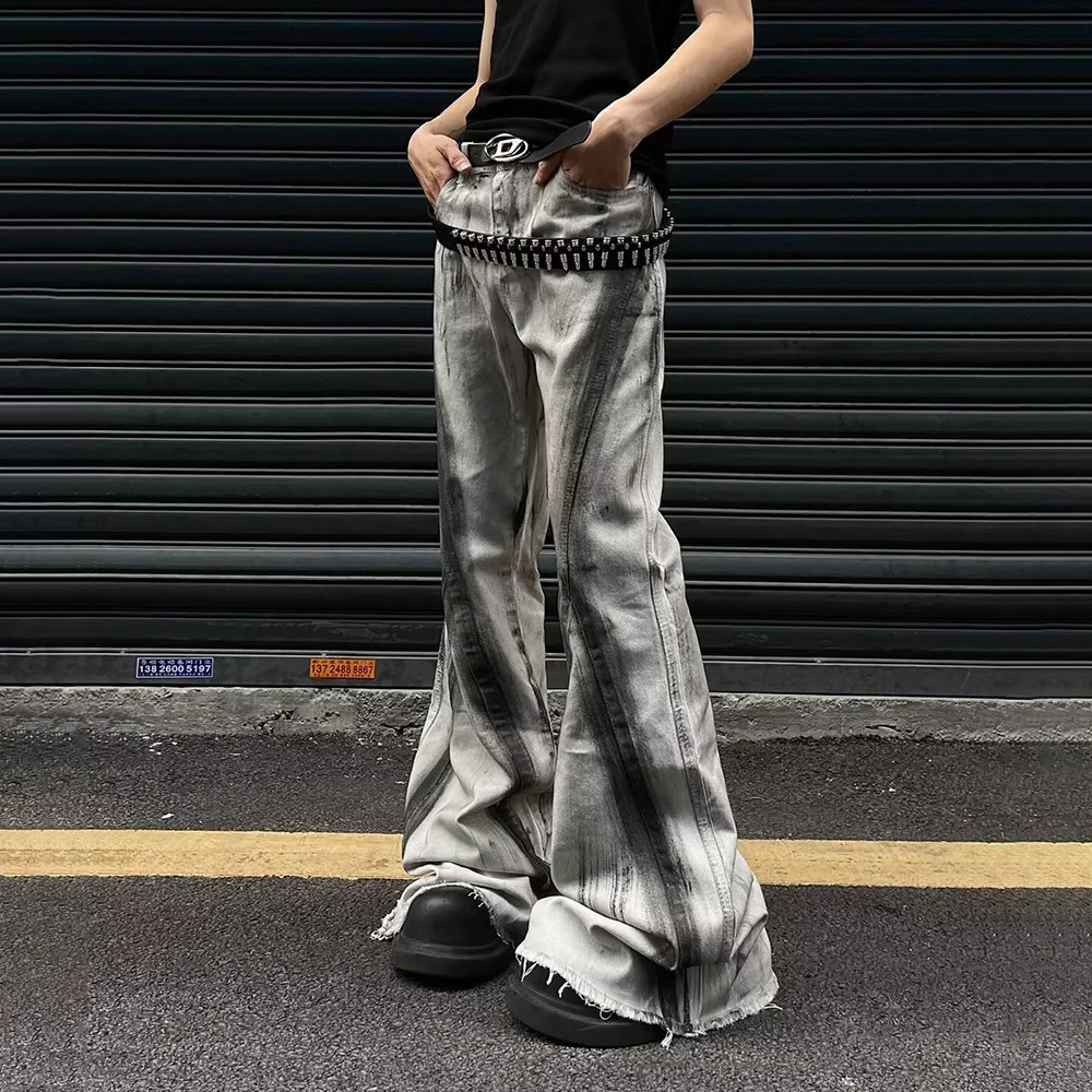 Mens Y2k Harajuku Contrast Color Gradient Flared Denim Trousers Retro Fashion Casual Trend High Street Hip Hop Mens Bottoms 250813