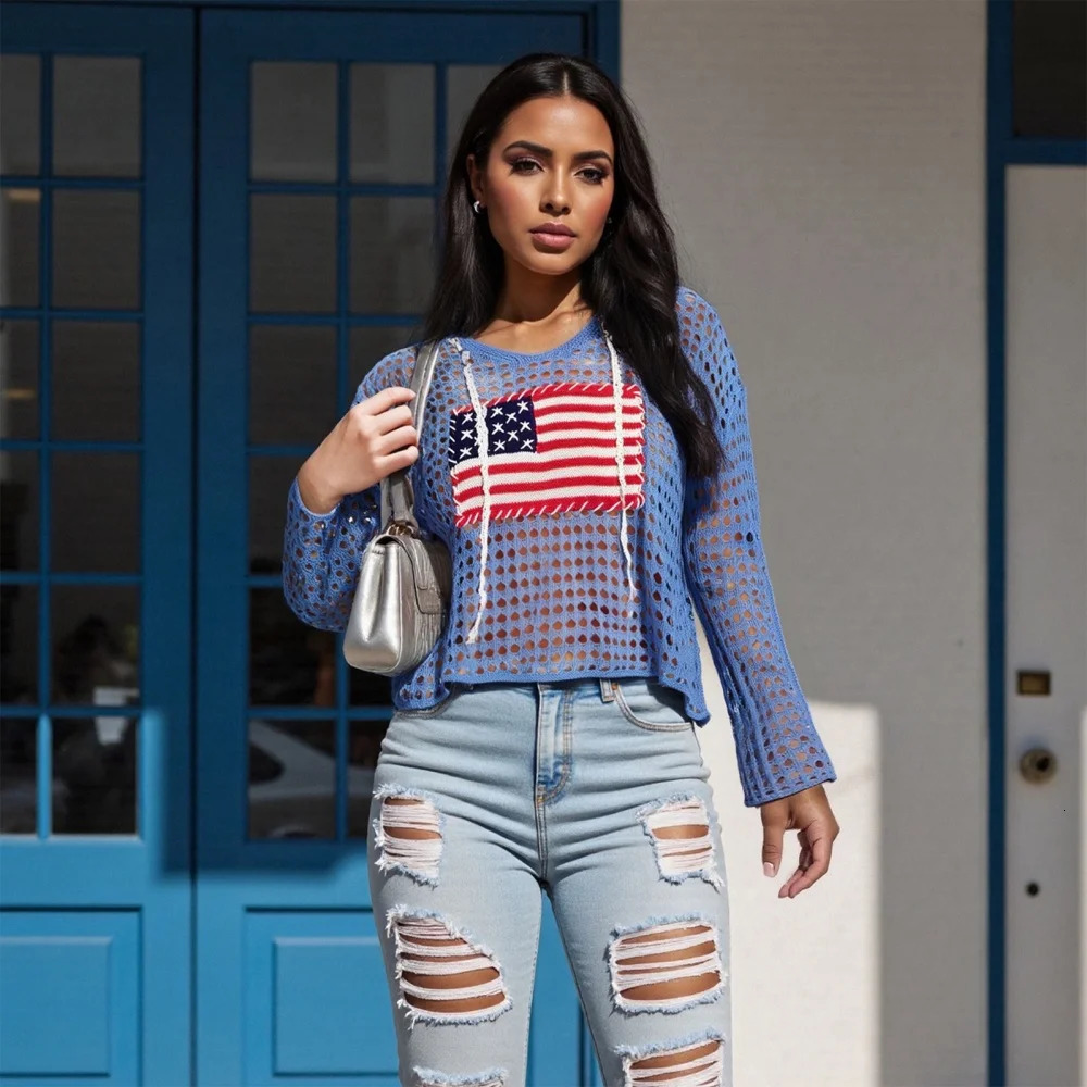 Puloru Hollow Out Knit Crochet Pullover Tops American Flag Long Sleeve Scoop Neck Sweater Womens Loose Knitwear Cover-up Smocks 250808
