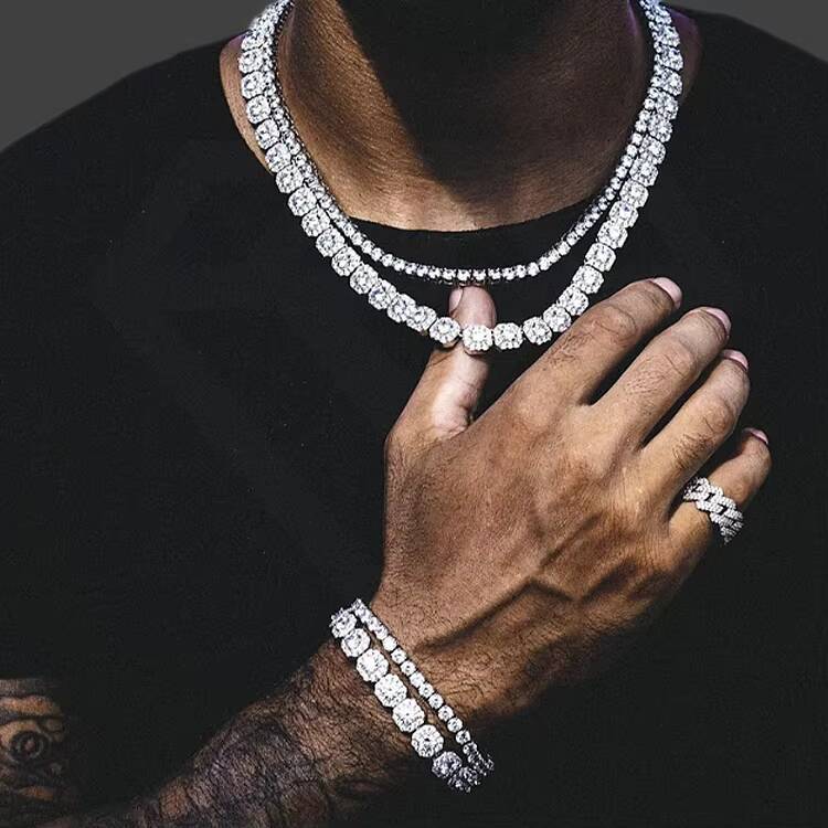 Hip-hop men's 10mm moissanite tennis necklace bracelet ice cube square tennis necklace moissanite bracelet