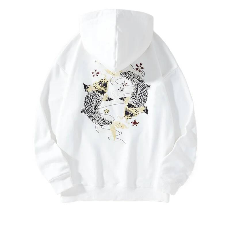 Autumn Embroidery Men Women Chinese Carp Casual Crewneck Sweatshirt Cotton Fashion Hooded Hoodies Haruku Unisex Male