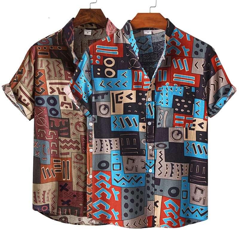 Mens Cotton Polyester Summer Short Sleeve Shirt Boho Geometric Pattern Hawaiian Beach Male Shirts Casual Blouse For Men 250804