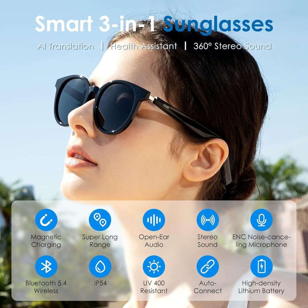 GetD Glasses, Translator Powered by ChatGPT, AI Assistant, Bluetooth Men and Women, Polarized Sunglasses, Audio Smart for Gaming, Travel, Meetings, Me