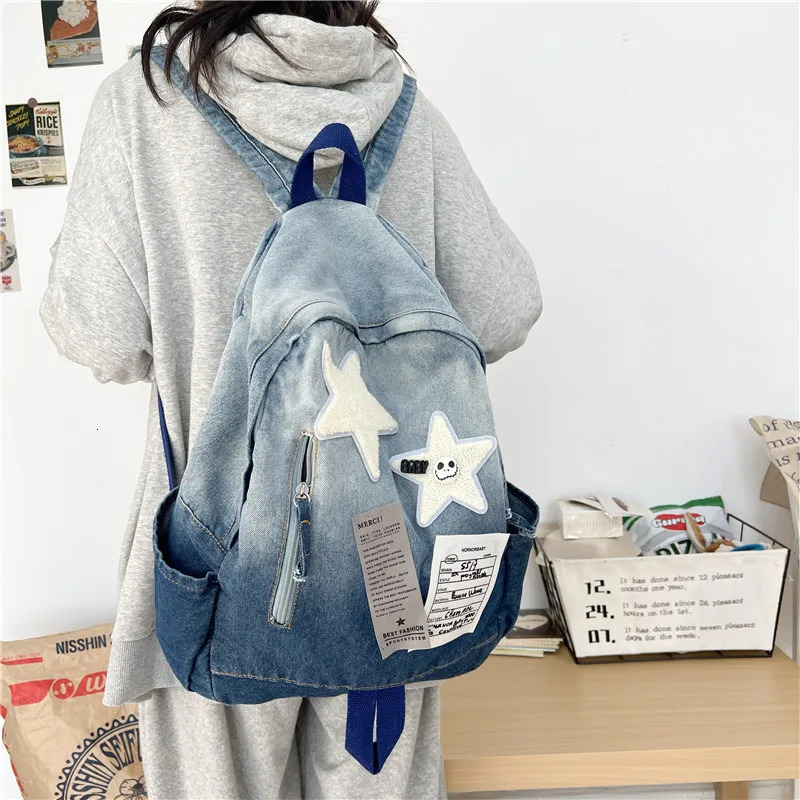 Kids Backpacks Gradient Denim Star Backpack Retro Style Backpack Versatile Travel Backpack Bags for Women Travel Bags School Bag 250813