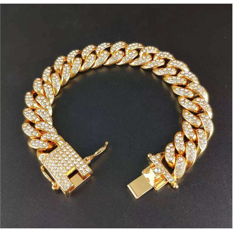 13mm Miami Gold Cuban Chain Necklace Iced Out Curb Bling Hip Hop Jewelry Rhinestone Bracelet for Men and Women