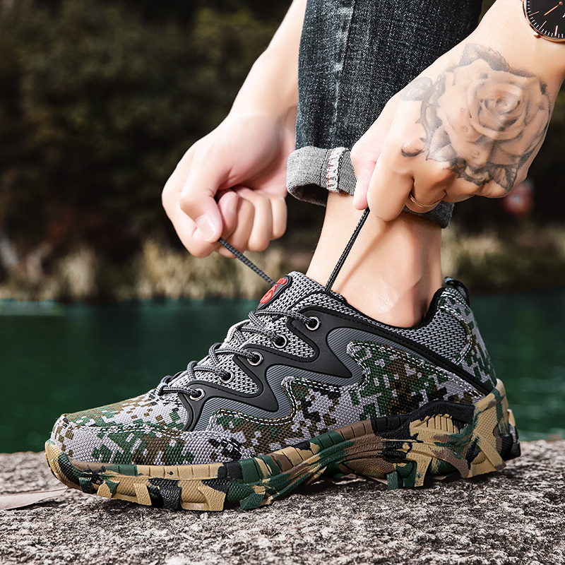 2025 New mountaineering for men, anti-skid and wear-resistant military camouflage outdoor cross-country breathable mesh hiking work shoes
