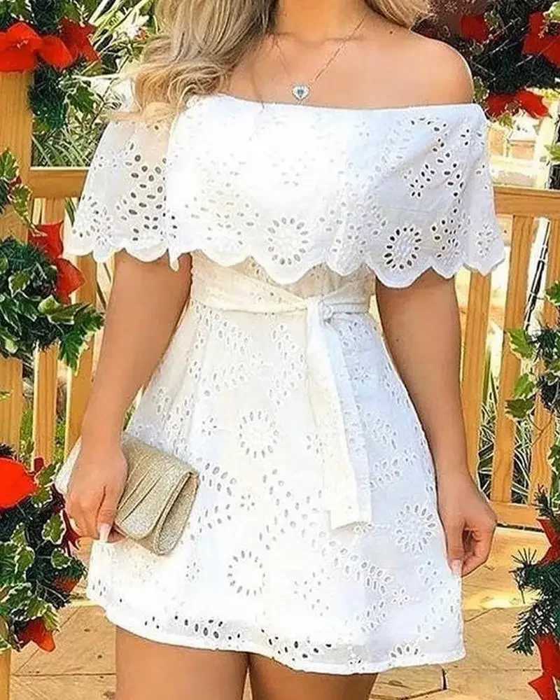 2025 New Fashion Off Shoulder Lace Up Mini Dress for Women Summer Hollow Out White Dress Fashion Lace Splicing Holiday Long Dresses XJ250814