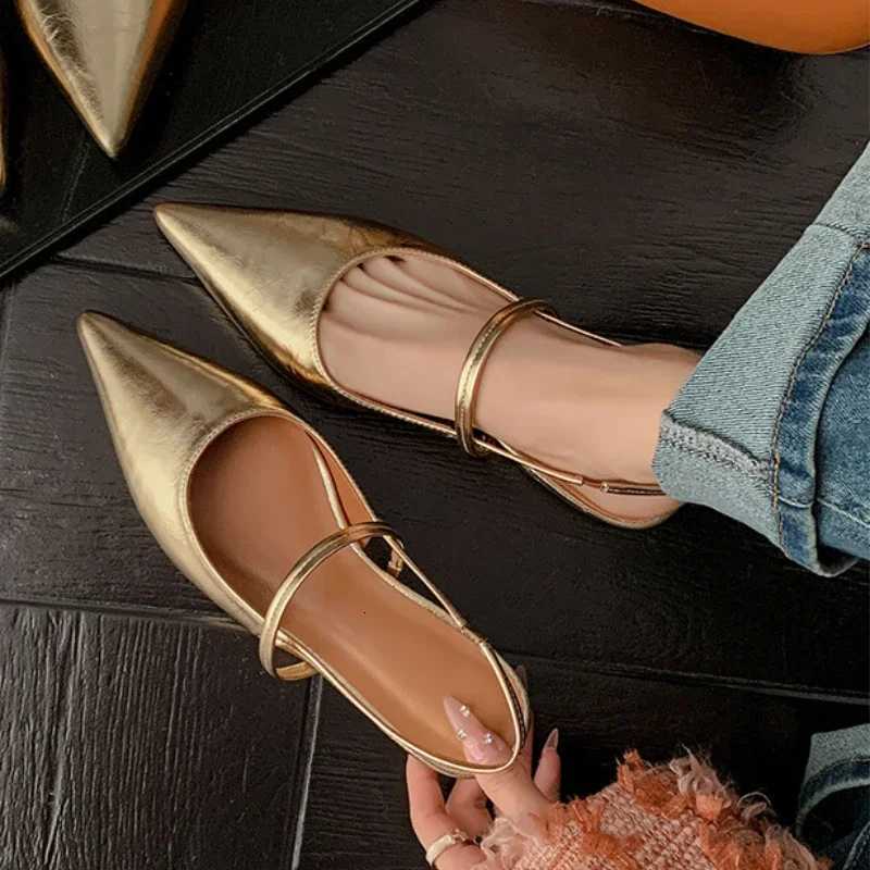 New Women Baotou Patent Leather One Line Buckle Strap Cat Heel Sandals Female Sexy Black Silk Pointed Thin Heel Flat Shoes W250814