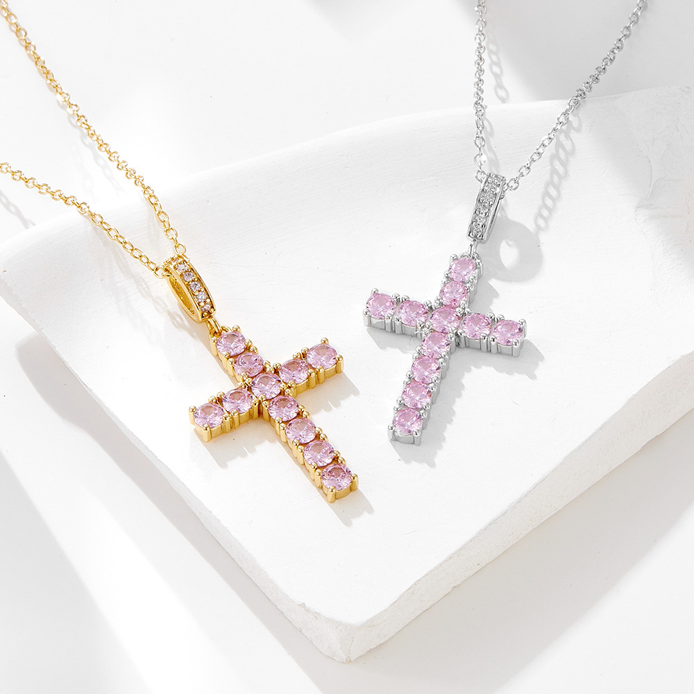 Hip Hop Cross Necklace for Women Sier Trendy Versatile Light Pink Zircon Pendant Collarbone Chain