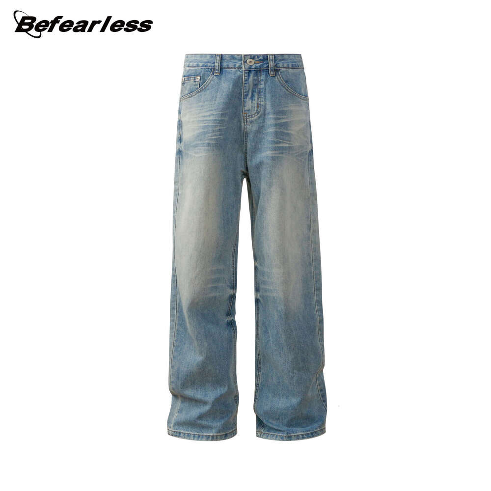 American Style Washed Cat Whiskers Clean Fit Straight Wide Leg Jeans Trendy Brand High Street Loose Men's Long Pants B5