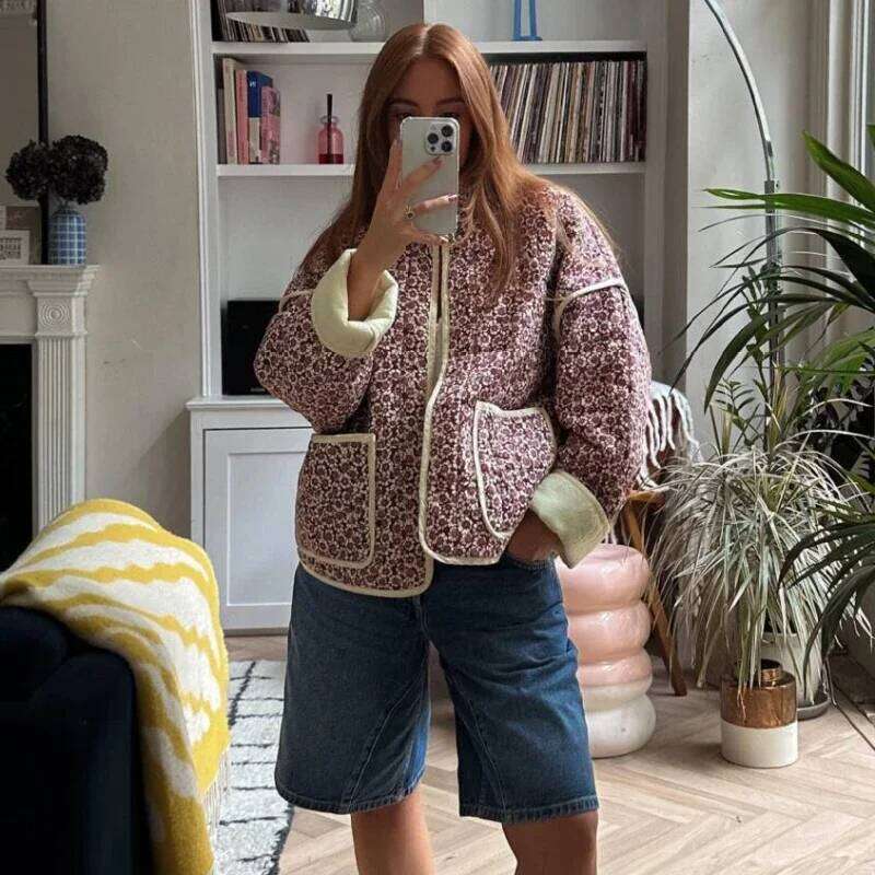 Designer Clothing 2025 TARUXY Flower Print Jackets For Women Fashion Pocket Slim Coat Womens Clothes Street Casual Autumn Cardigan Female New Outerwea