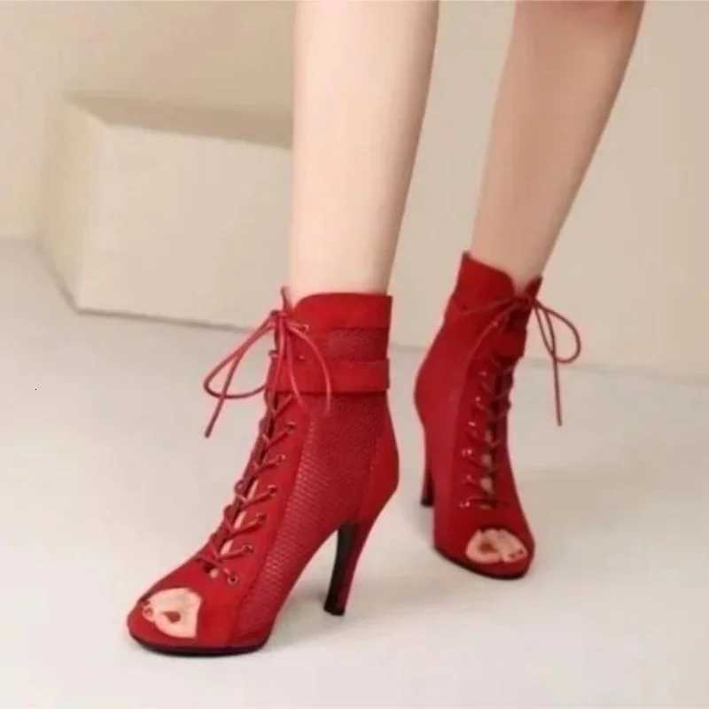 New Noble High Quality Jazz Dance Shoes for Womens Sexy Red Heels Ankle Boots Peep Toe Zipper Indoor Dancing Sandals W250814