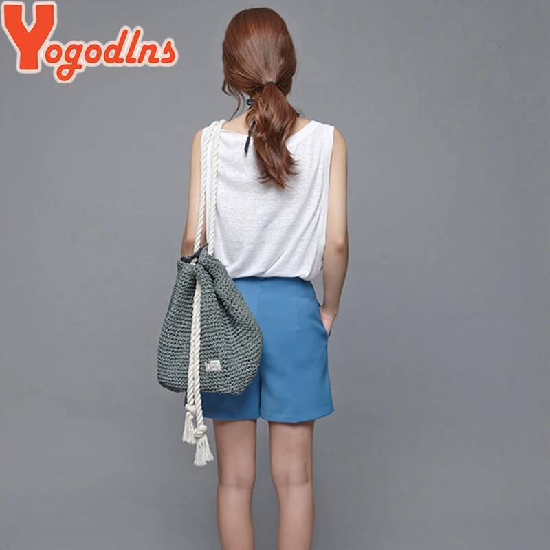 Yogodlns New Summer Women Straw Backpack Handmade Beach Drawstring Knapsack Knitted Crocheted Shoulder Travel Bag high-quality