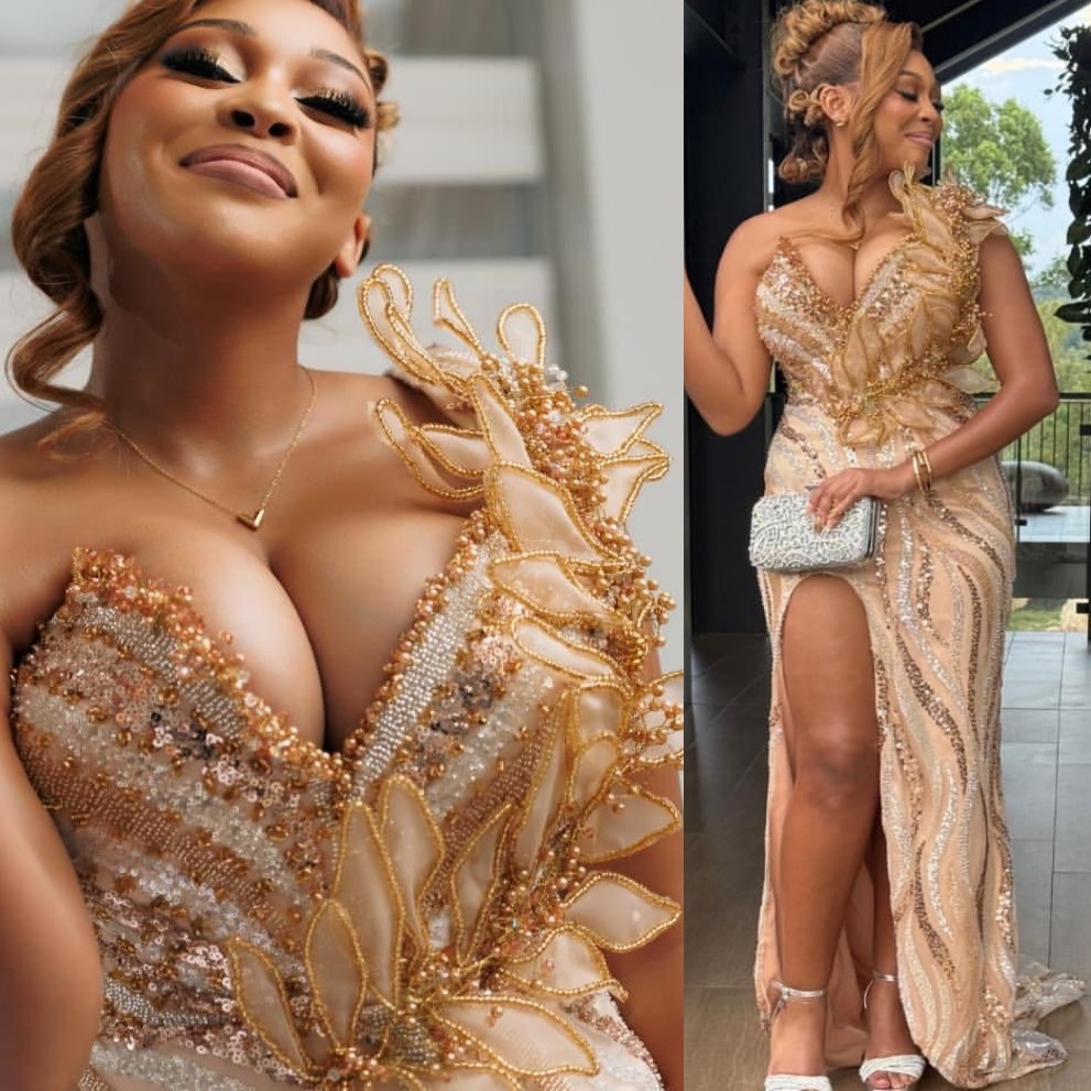 Champagne Mermaid Prom Dresses 2025 Illusion Florals Beaded Evening Formal Party Second Birthday Engagement Gowns Plus Size Dress For Special Occasion