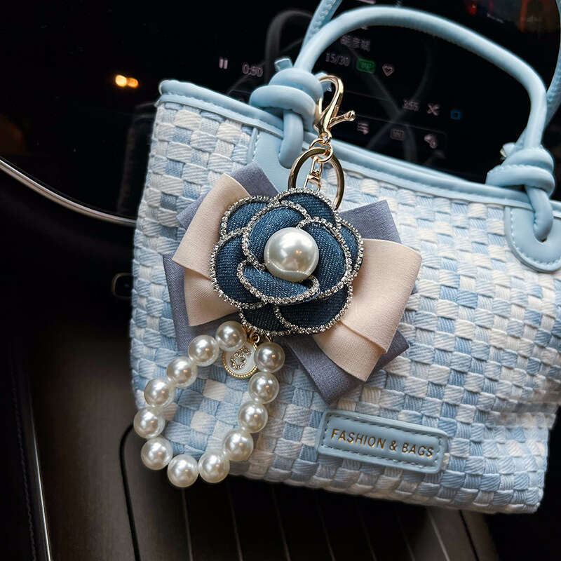 Unique Denim Color Block Bow Keychain with Rhinestone Edge Camellia Pearl Chain Bag Pendant