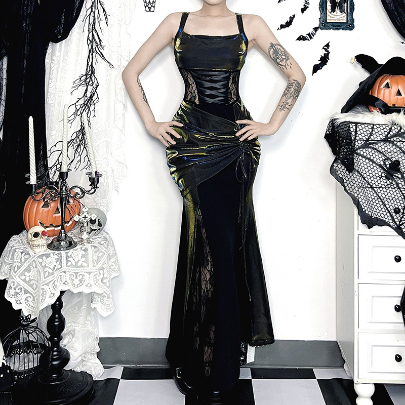 Stage Wear Halloween Sexy Women's Dress Vampire Cosplay Costume Perspective Lace Shawl Slim Fitting Suspender Fishtail Skirt Party Dress Up